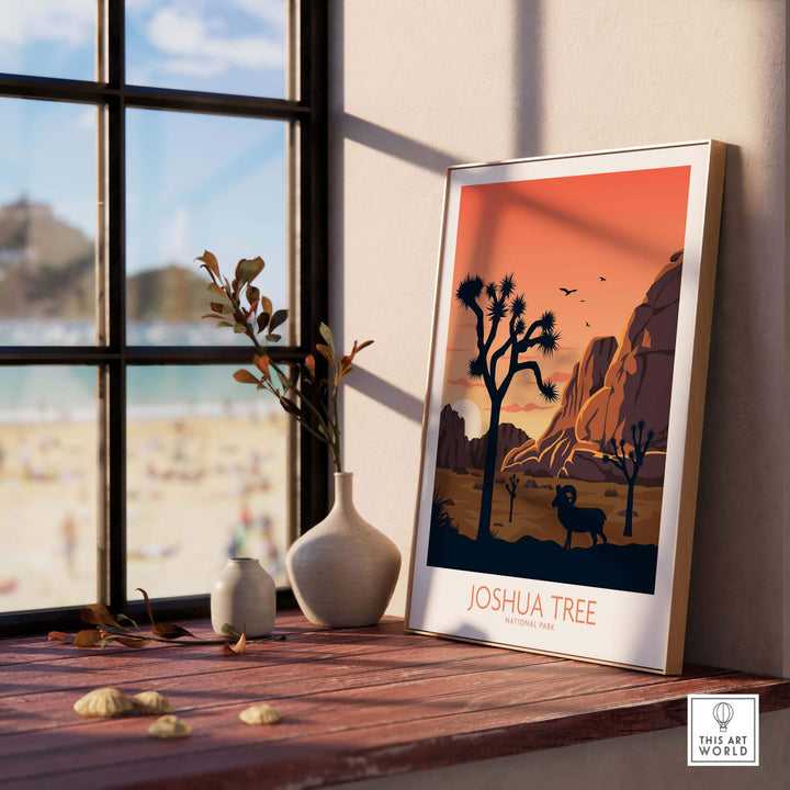 Joshua Tree National Park poster framed, minimalist design, showcasing desert landscape, stylish home decor.