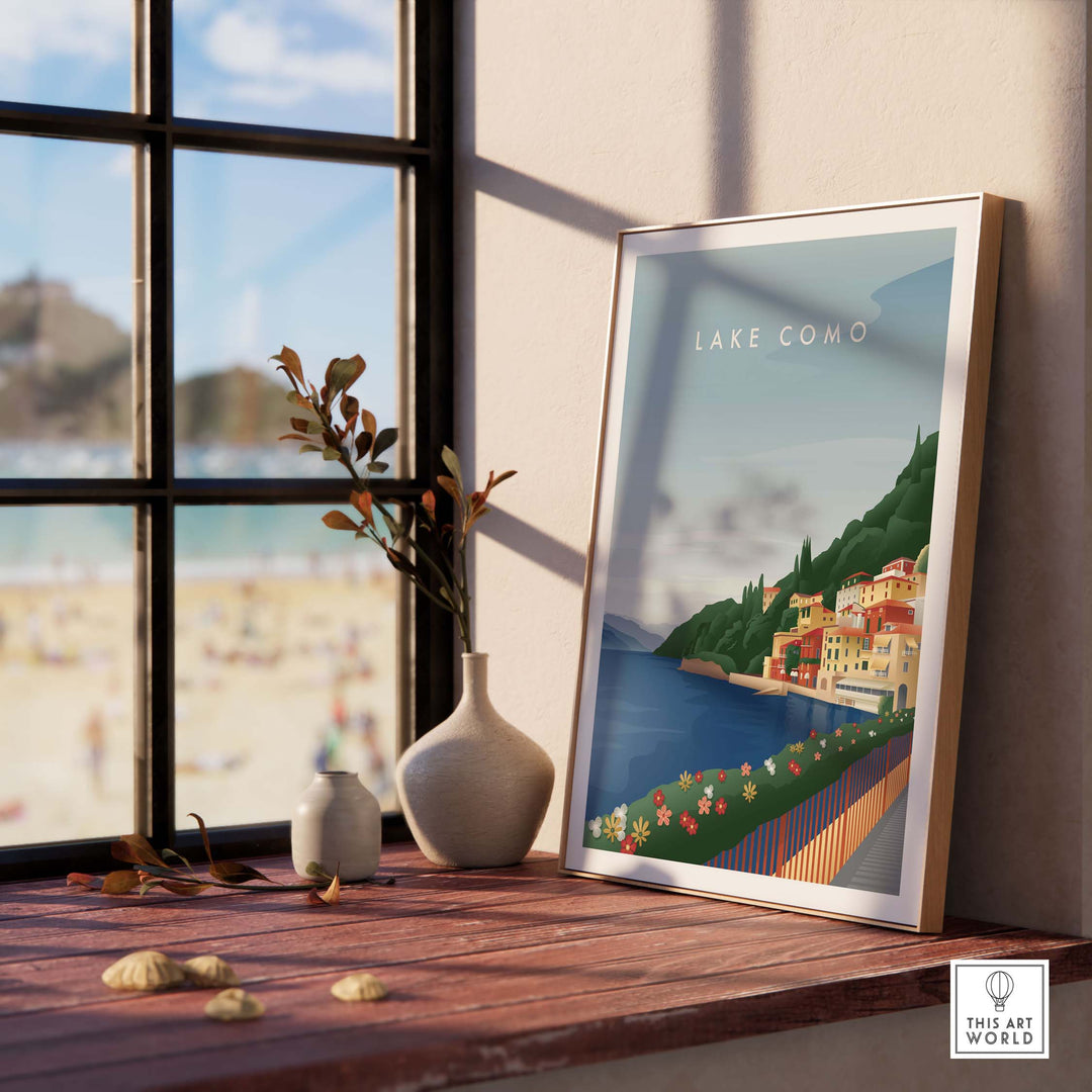 Lake Como wall art poster displayed indoors, showcasing vibrant colors and a nostalgic travel design.