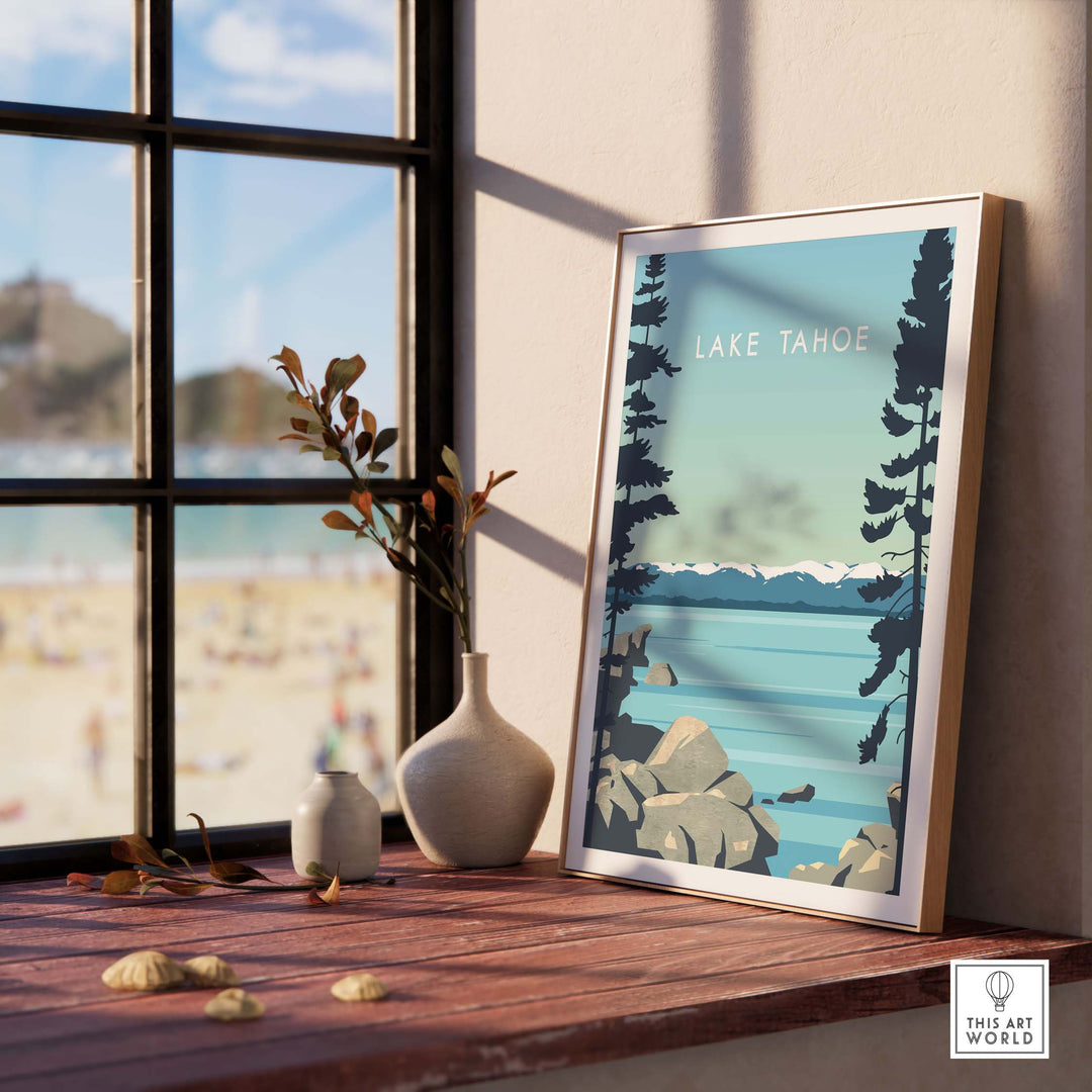 Lake Tahoe Print Wall Art Poster displayed indoors near a window, radiating vintage travel vibes.