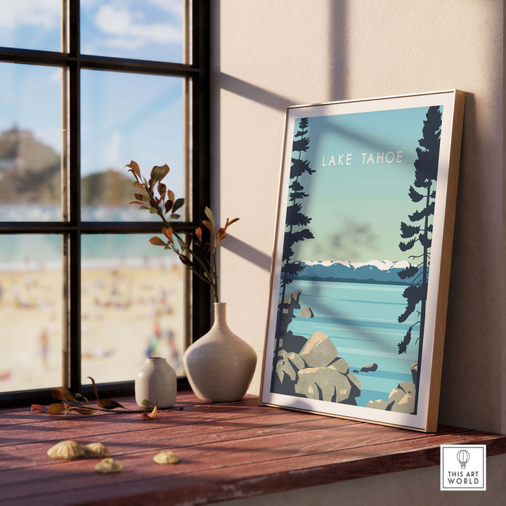 Lake Tahoe Print Wall Art Poster displayed indoors near a window, radiating vintage travel vibes.