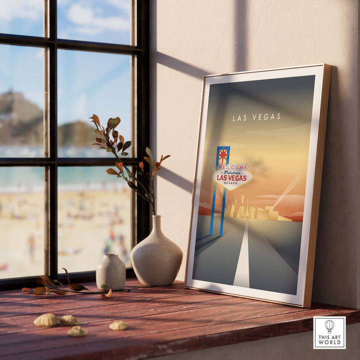 Las Vegas Wall Art Poster featuring the iconic Welcome to Fabulous Las Vegas Sign in a stylish frame on a wooden table.