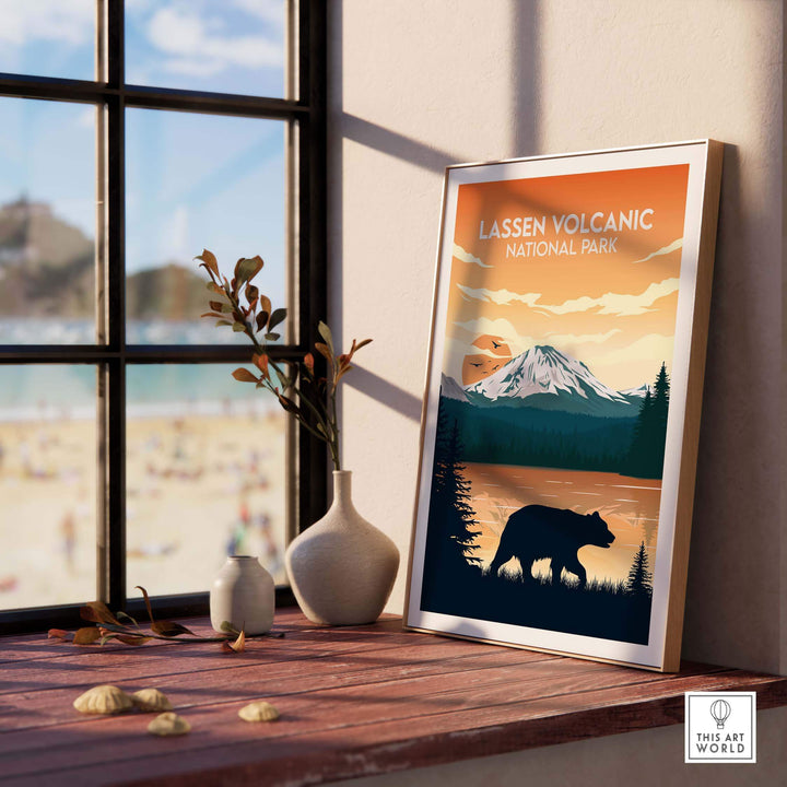 Lassen Volcanic National Park poster framed, featuring a bear silhouette and mountainous landscape in warm tones.