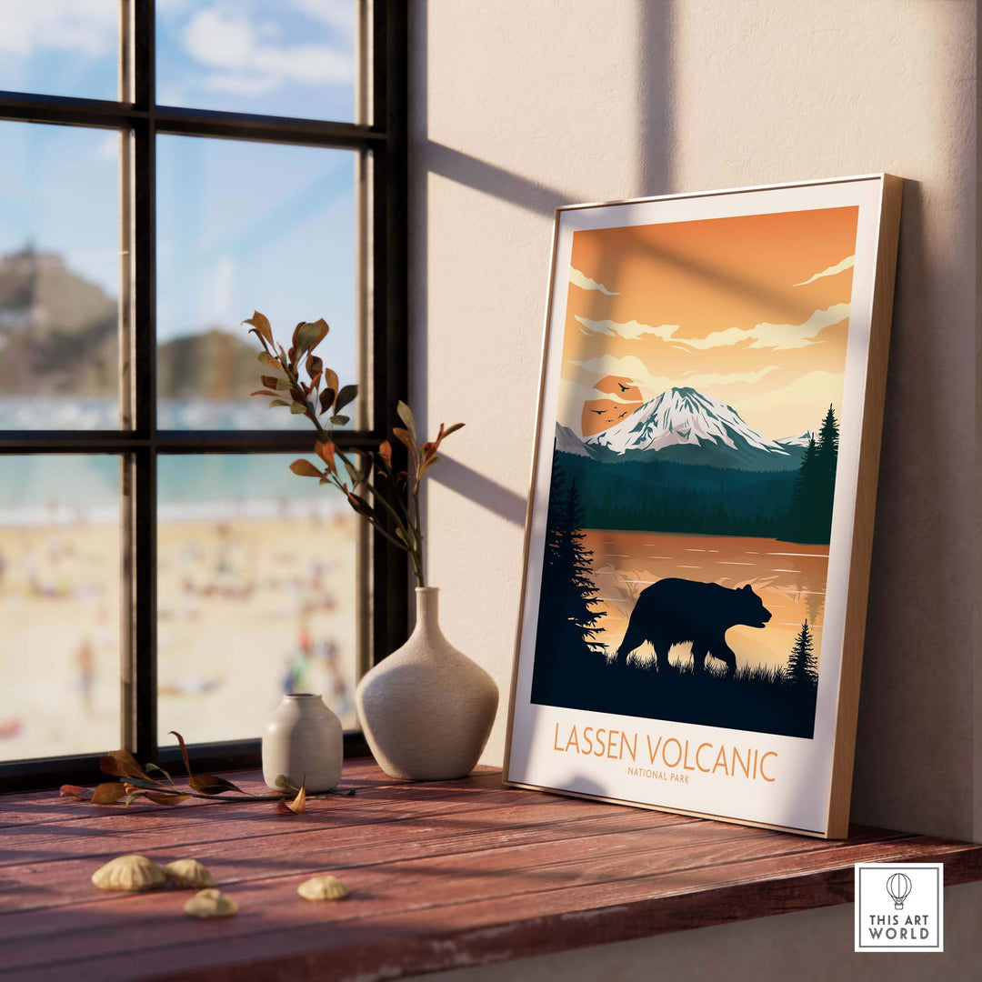 Lassen Volcanic National Park poster featuring a bear and mountain scenery, perfect for home or office decor.