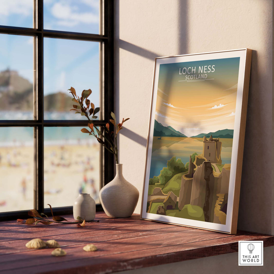 Loch Ness Wall Art Scotland Print displayed in a stylish interior setting with a view of the beach.