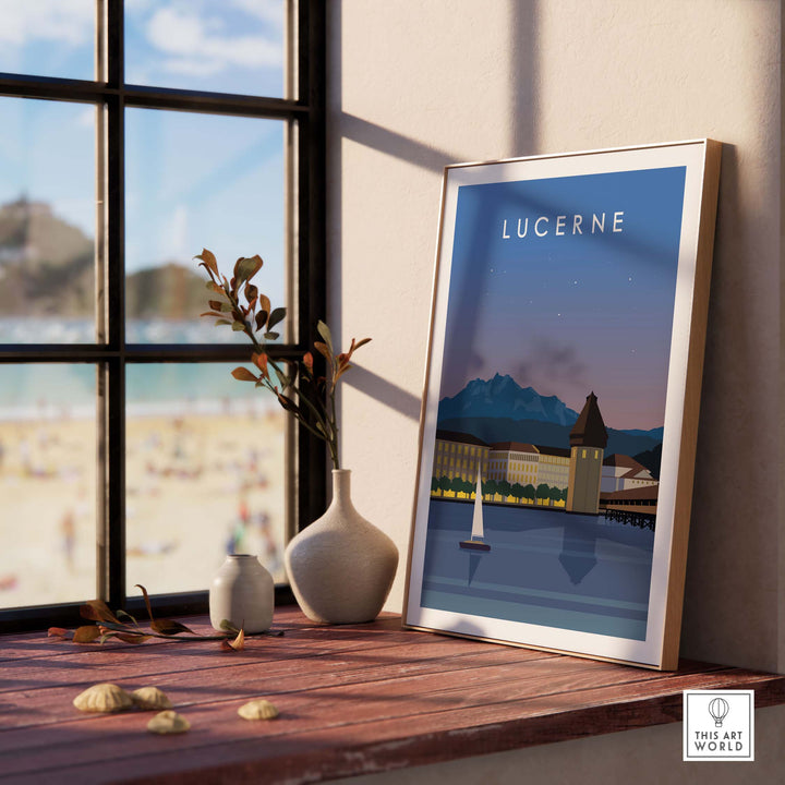 Lucerne Switzerland travel print, framed artwork showcasing scenic view with mountains and lake, stylish decor for home or office.