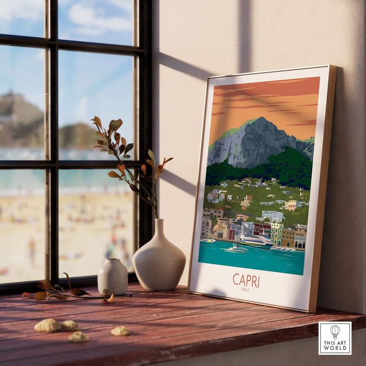Framed Capri print travel poster showcasing scenic view of Capri, Italy, styled decor for home or office.