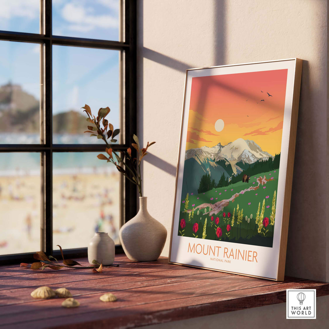Mount Rainier National Park art print displayed indoors featuring mountains and flowers, perfect for nature lovers.