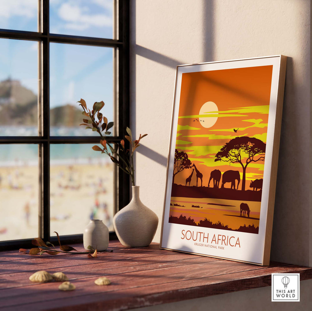 South Africa print of Kruger National Park in a minimalist frame on a sunny windowsill.