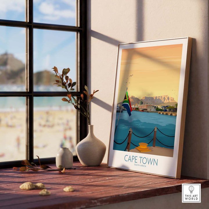 Cape Town Print poster on a windowsill with a beach view, showcasing vintage travel art from South Africa.