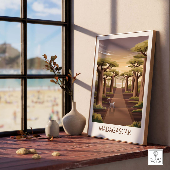 Madagascar travel poster on a table, featuring trees and a serene landscape, perfect for inspiring wanderlust.