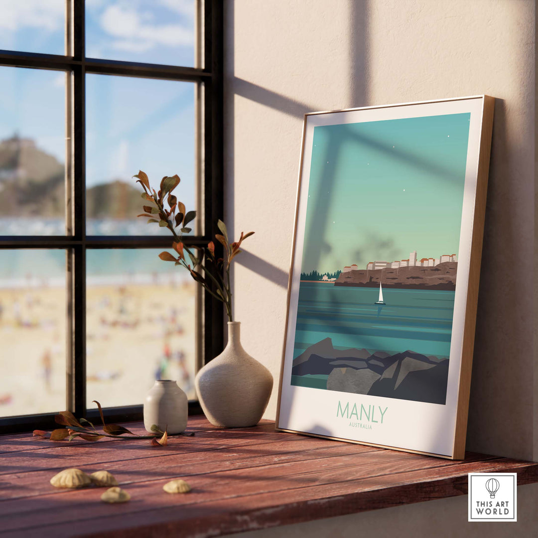 Manly Australia travel poster displayed indoors, showcasing coastal scenery with a vintage aesthetic.