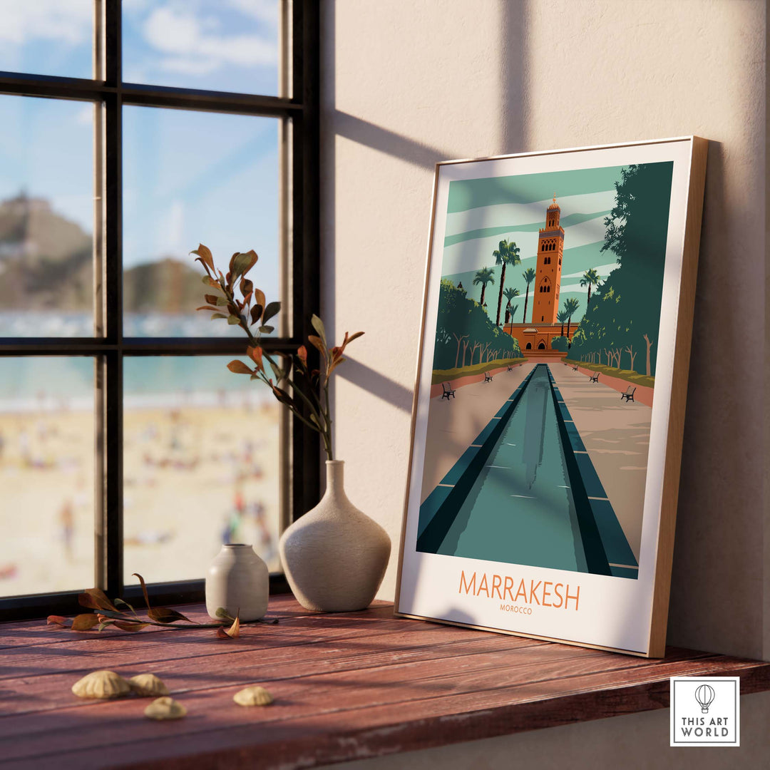 Marrakesh poster wall art featuring iconic Moroccan architecture, styled for a modern home decor.