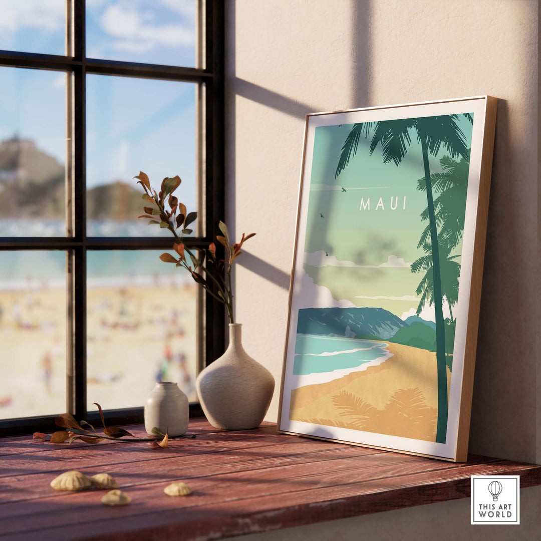 Maui print wall art poster displayed in a sunny room, featuring a serene beach and palm trees, perfect for home decor.