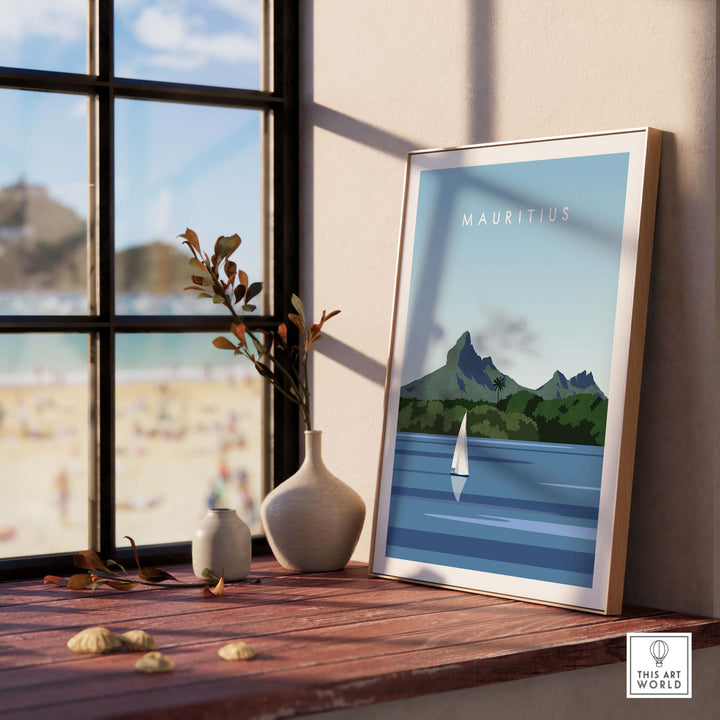 Framed Mauritius Travel Poster Print showcasing a minimalist design by the beach with vibrant colors and serene landscapes.