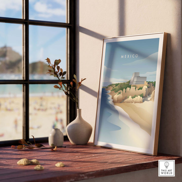 Mexico Wall Art Poster featuring a coastal view, perfect for home or office decor, inspired by vintage travel art.