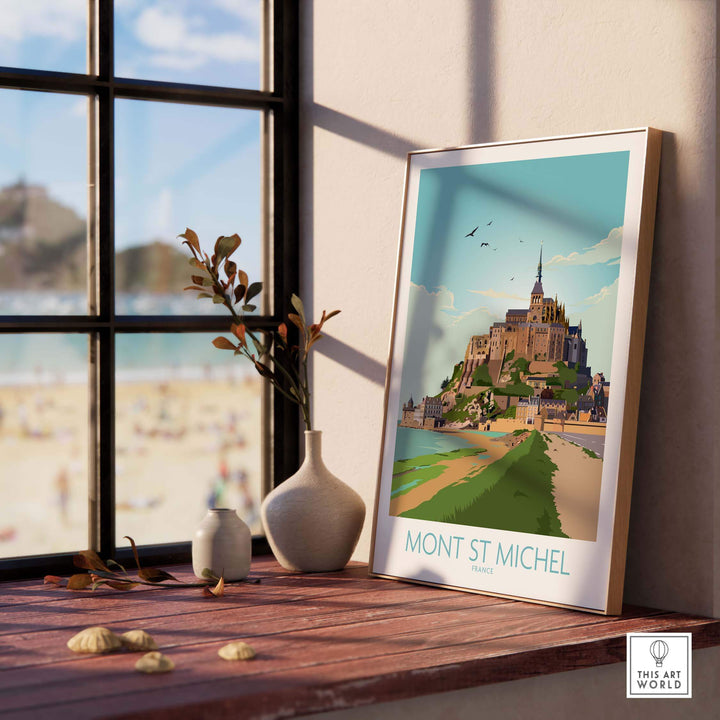 Mont Saint Michel print showcased in a stylish setting, capturing nostalgic travel art vibes for home decor.