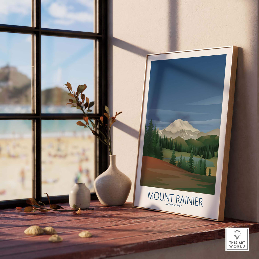 Mount Rainier National Park art print displayed by a window, showcasing minimalist nature design and stylish decor.
