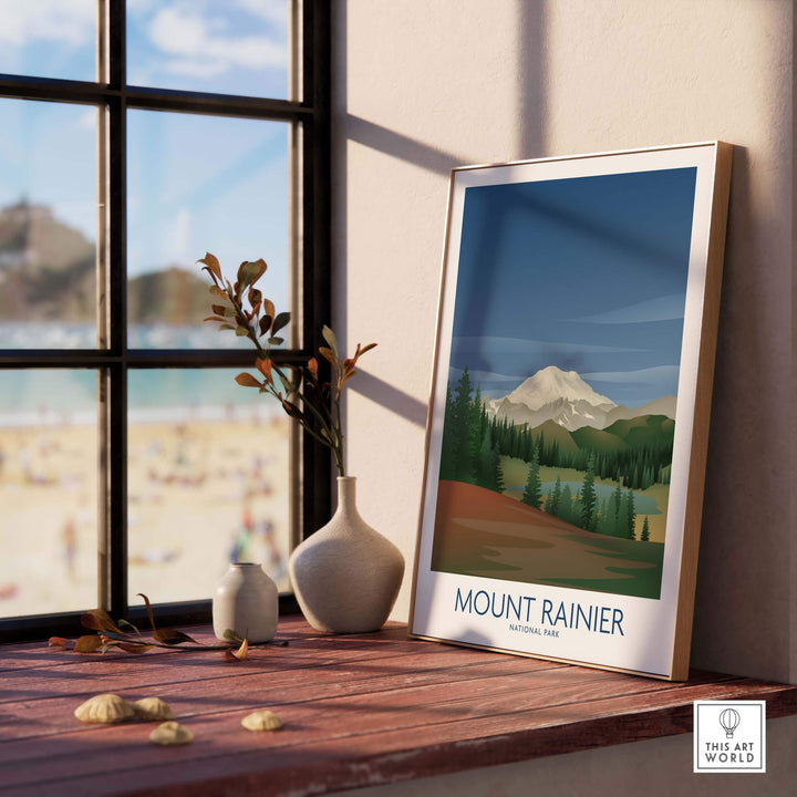 Mount Rainier National Park art print displayed by a window, showcasing minimalist nature design and stylish decor.