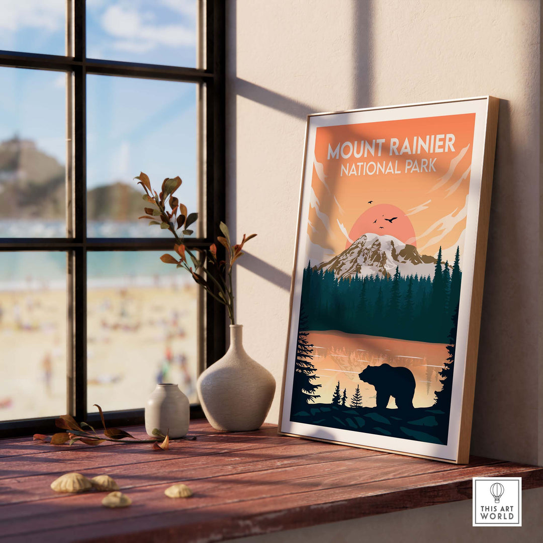 Mount Rainier National Park print displayed indoors, featuring mountains, bear, and sunset in a stylish minimalist design.