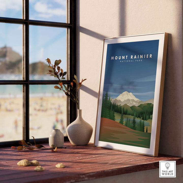 Framed Mount Rainier National Park Art print showcasing scenic mountains and forests, perfect for home decor.