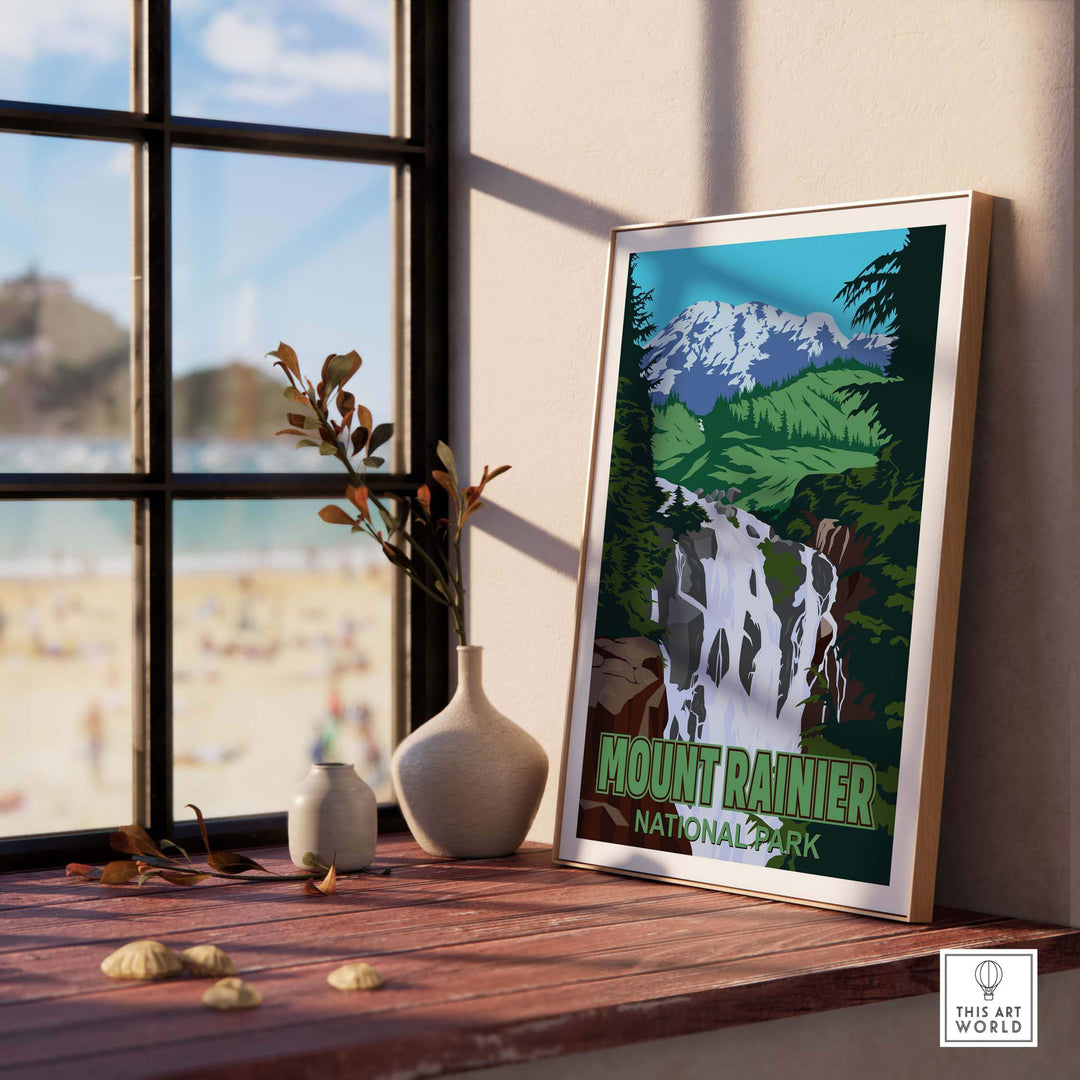 Framed Mount Rainier National Park print showcasing nature and vintage style decor in a sunny setting.