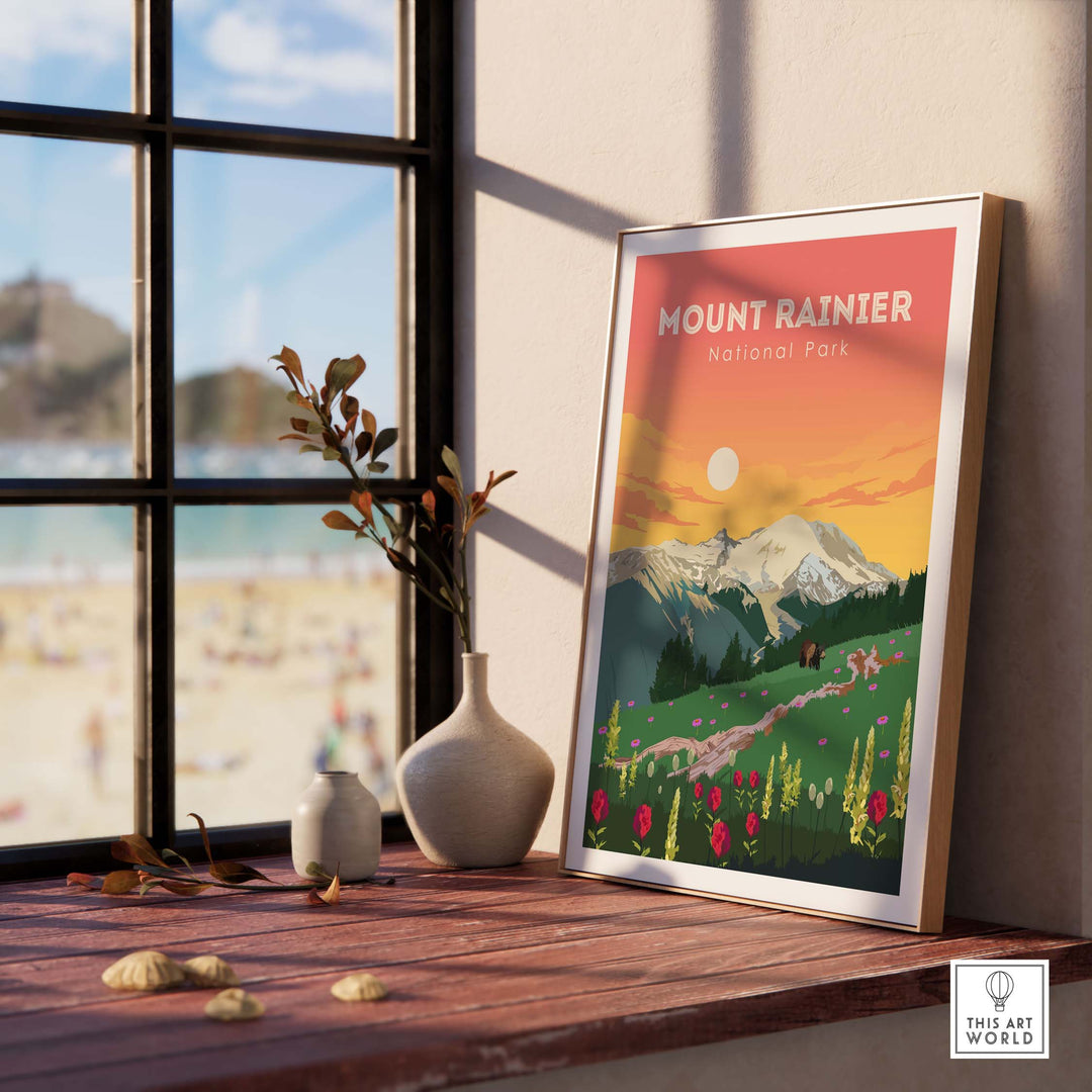 Mount Rainier print displayed in a stylish room, showcasing vibrant colors and vintage travel poster design.