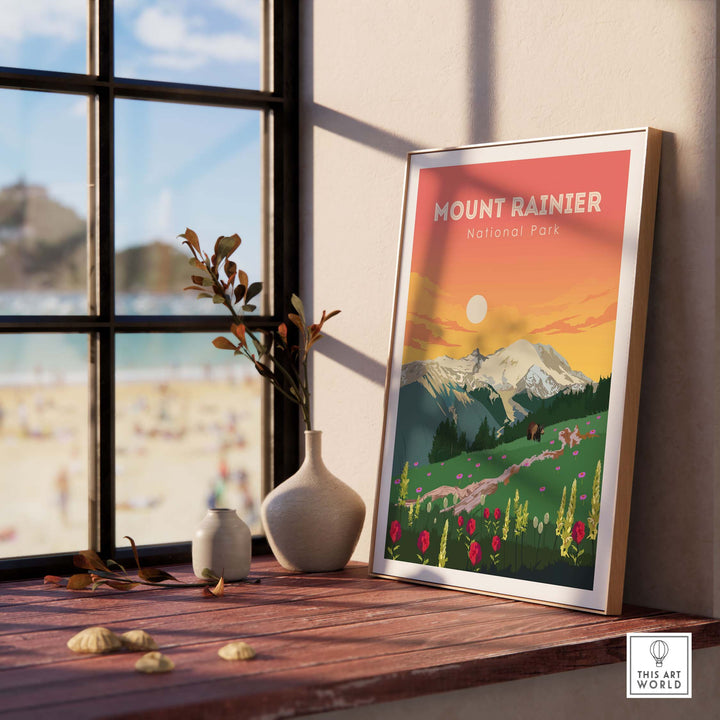 Mount Rainier print displayed in a stylish room, showcasing vibrant colors and vintage travel poster design.