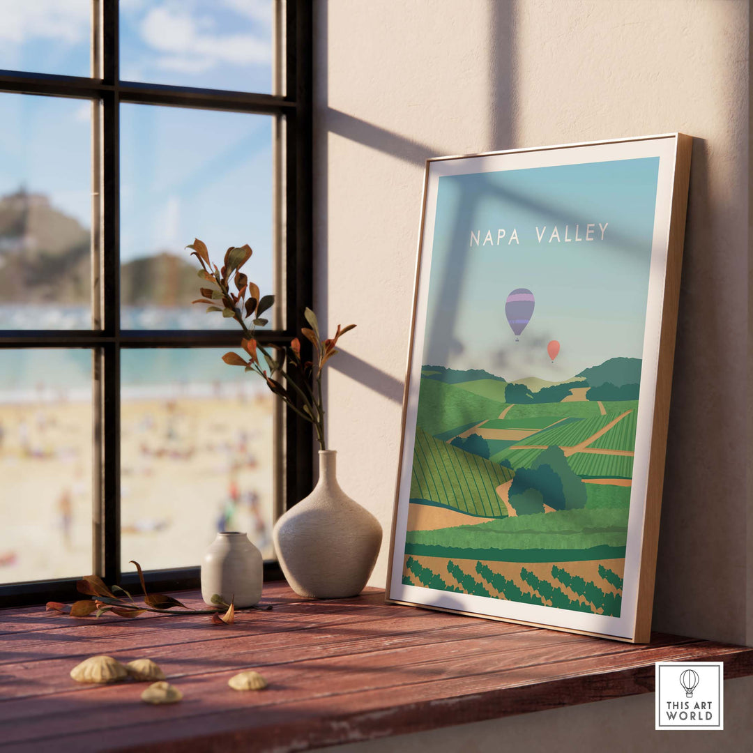Napa Valley print wall art poster featuring vineyards and a hot air balloon, displayed in a stylish interior setting.