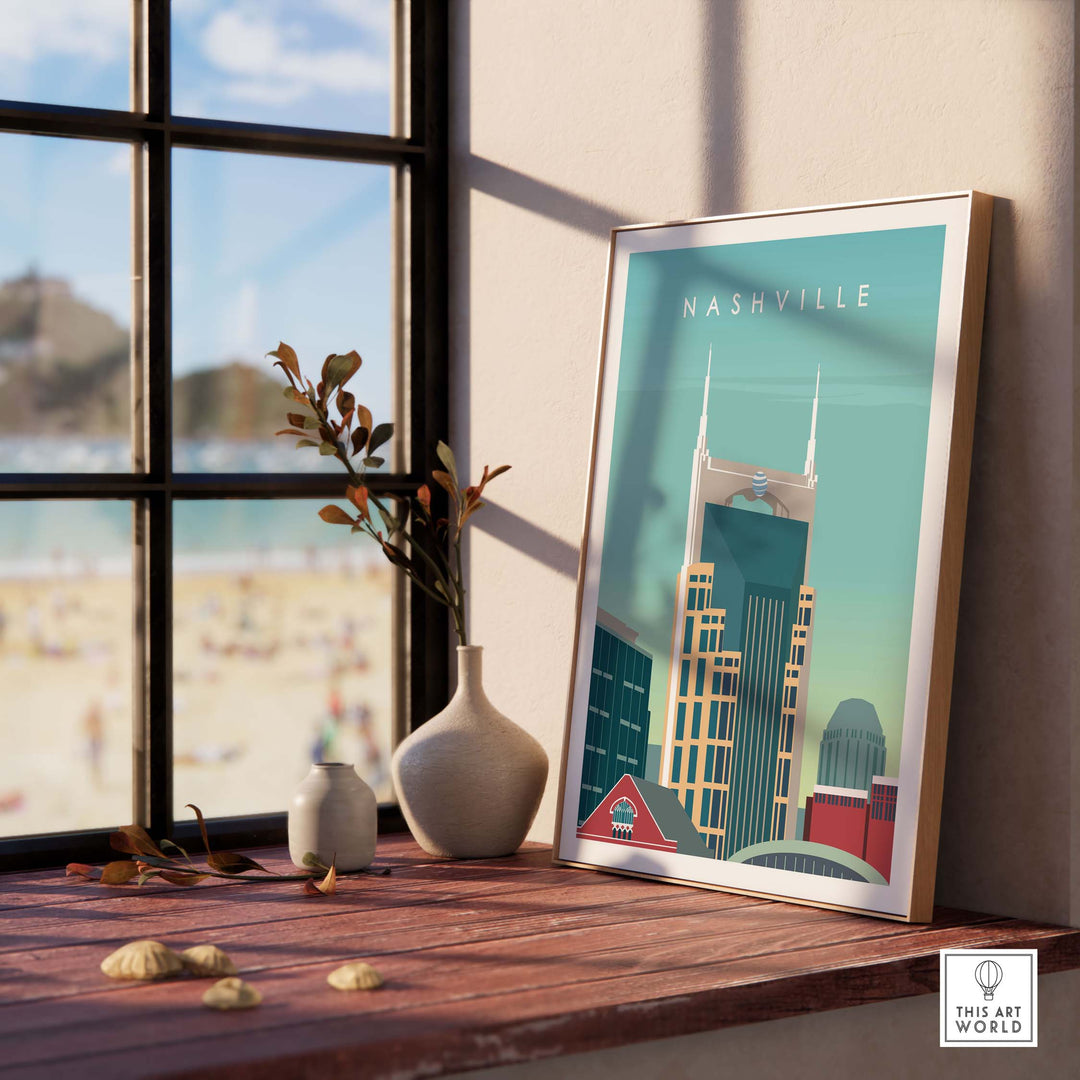 Framed Nashville Art Print showcasing iconic skyline, perfect for stylish home or office decor.