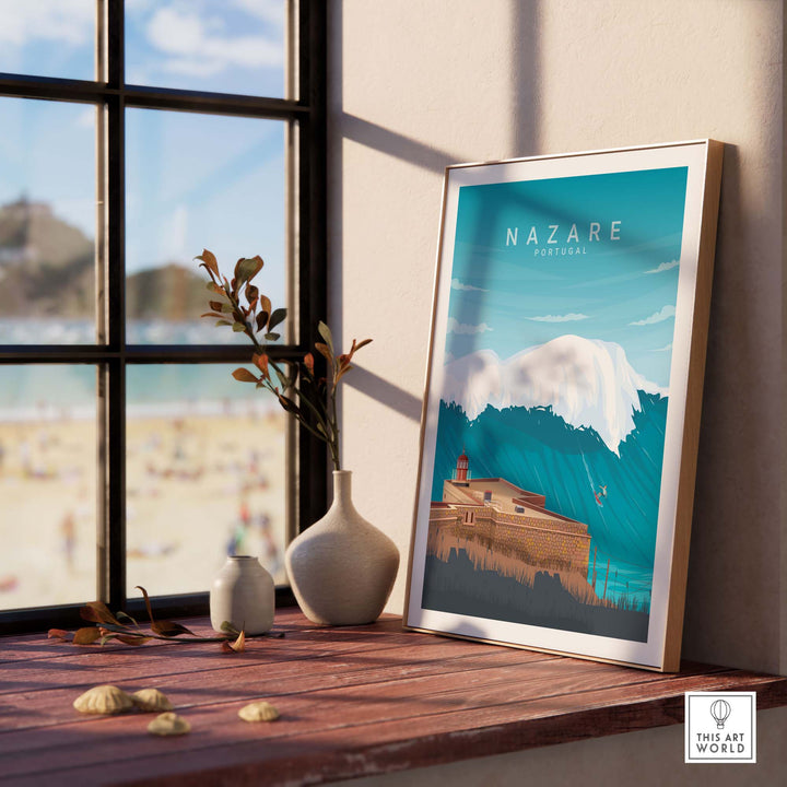Nazare Travel Poster Print showcasing Portugal's coastal beauty with waves and lighthouse, framed by a window.