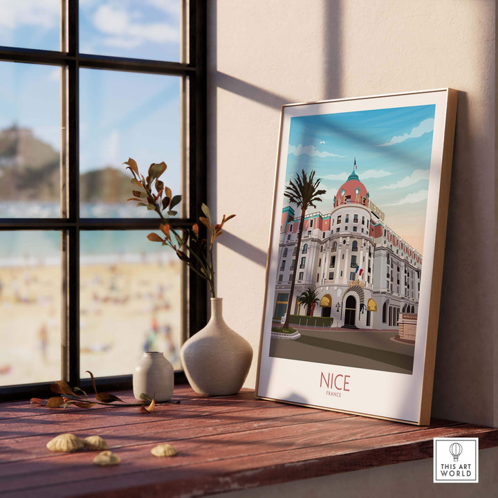 Nice France travel print displayed near a window, capturing vintage-inspired travel art for home decor.