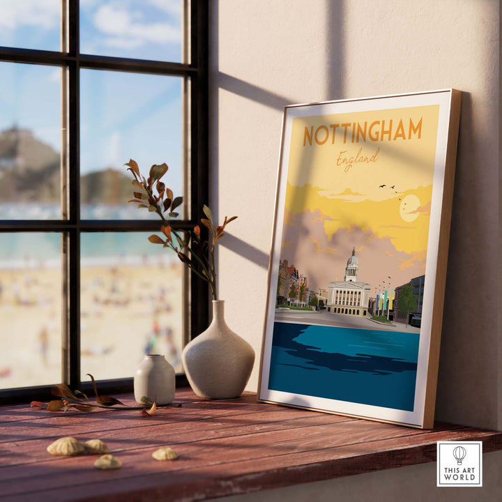 Nottingham Print England Poster displayed on a table near a window, showcasing vintage travel art.