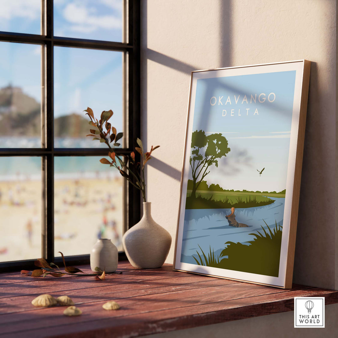 Minimalist Okavango Botswana print displayed in a stylish interior setting showcasing travel nostalgia.