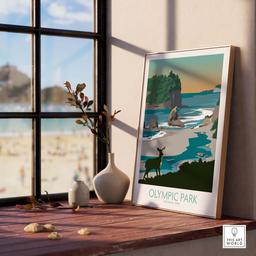 Olympic National Park wall art featuring a serene landscape with a deer, framed by a sunny window.