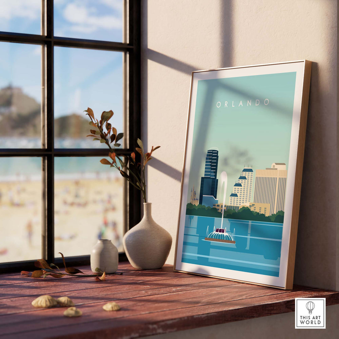 Orlando travel poster print showcasing minimalist art style, positioned beside a window with beach view.