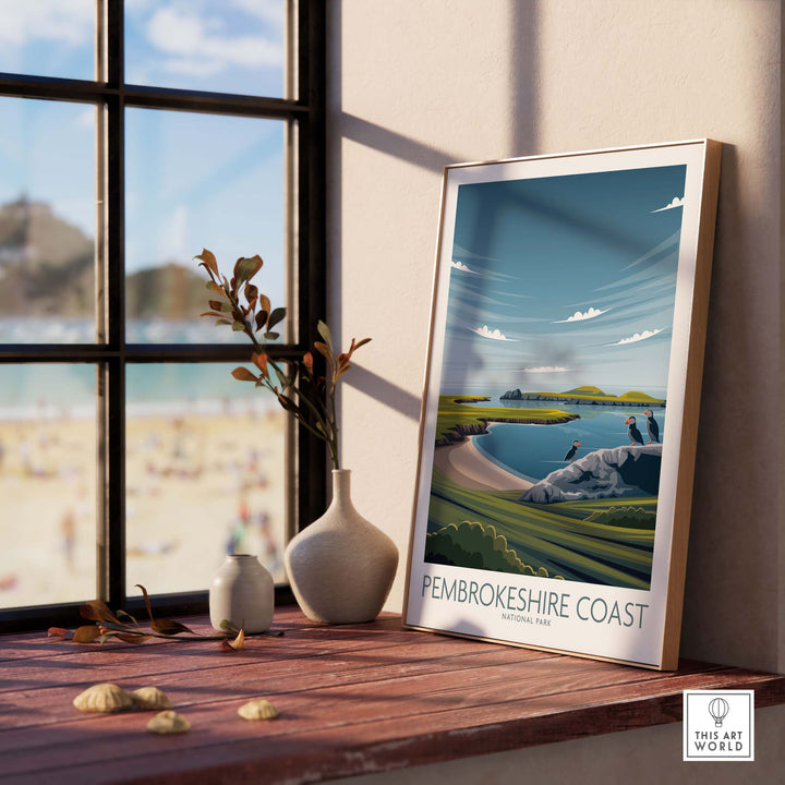 Framed Pembrokeshire Coast National Park poster displayed by a window, showcasing minimalist nature art.