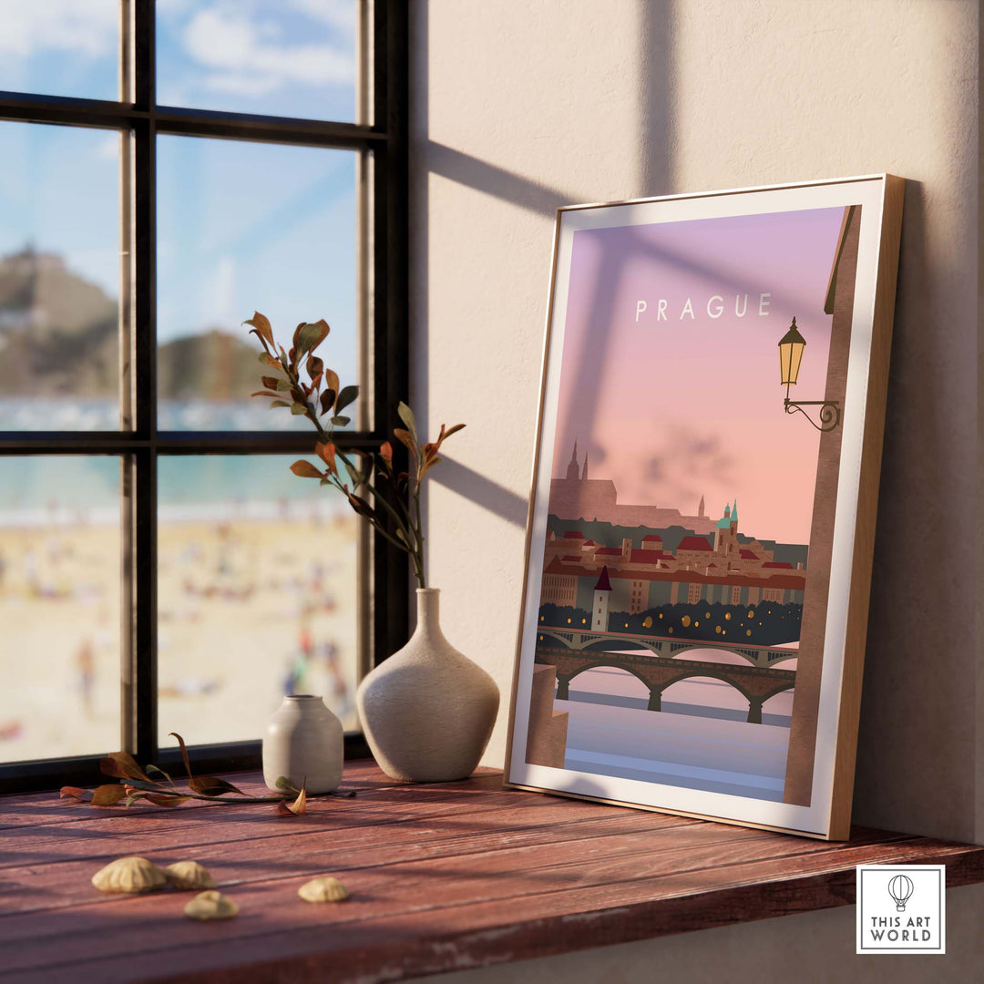 Framed Prague Print Wall Art Poster on table with sunset view, perfect for home decor and travel enthusiasts.