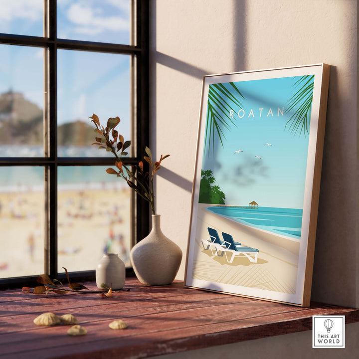 Roatan Art Print featuring a beach scene with lounge chairs, framed art, and stylish decor for travel enthusiasts.