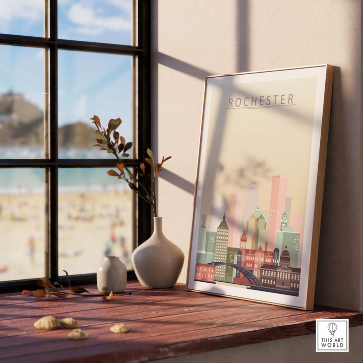 Rochester skyline wall art print displayed in a bright room with pastel colors and a beach view outside.