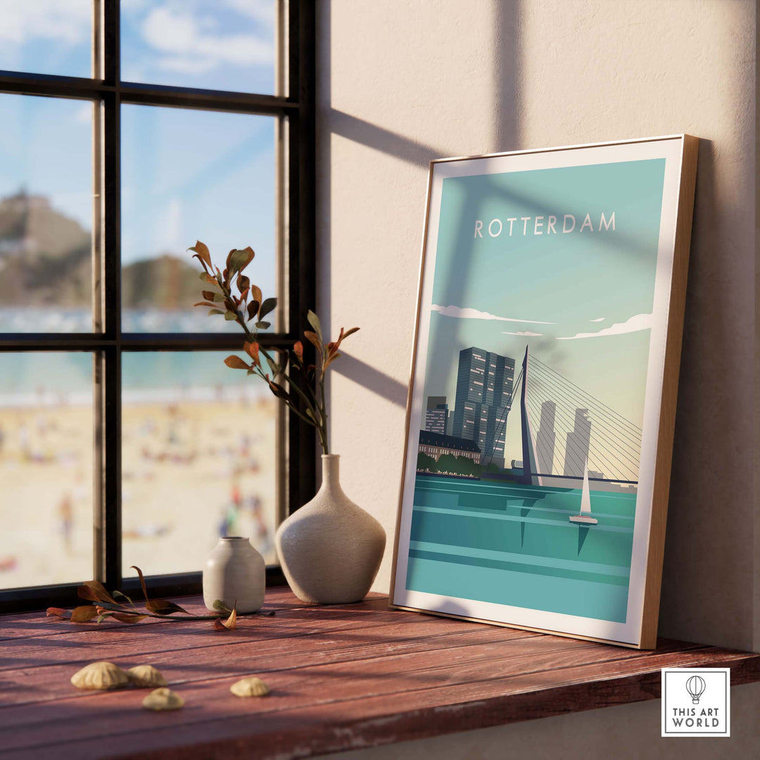 Rotterdam Print Wall Art Poster displayed in a stylish setting with a beach view, featuring vintage travel design.