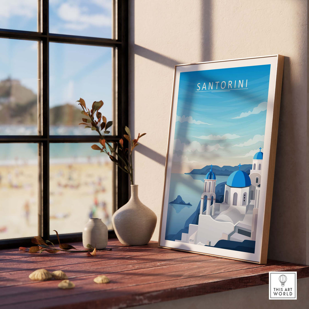 Santorini Print Wall Art featuring minimalist design, coastal scenery, and vibrant blue tones, enhancing home decor.