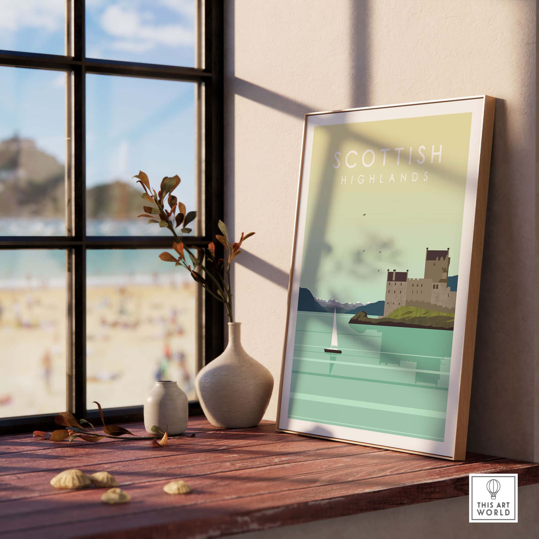 Scottish Highlands print wall art poster displayed in a sunny room with a beach view, perfect for wanderlust decor.