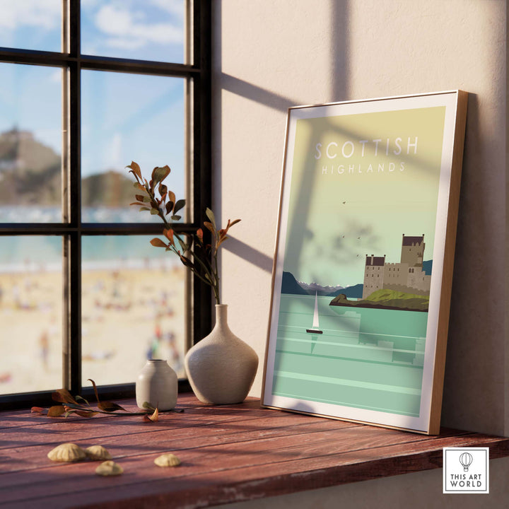 Scottish Highlands print wall art poster displayed in a sunny room with a beach view, perfect for wanderlust decor.