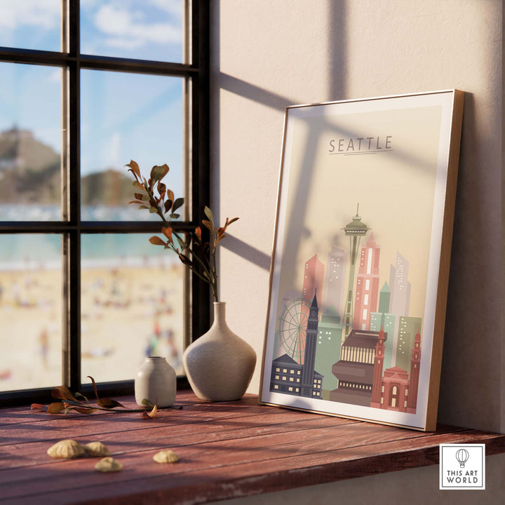 Seattle skyline print framed on a windowsill, showcasing iconic landmarks in warm pastel tones for stylish wall decor.