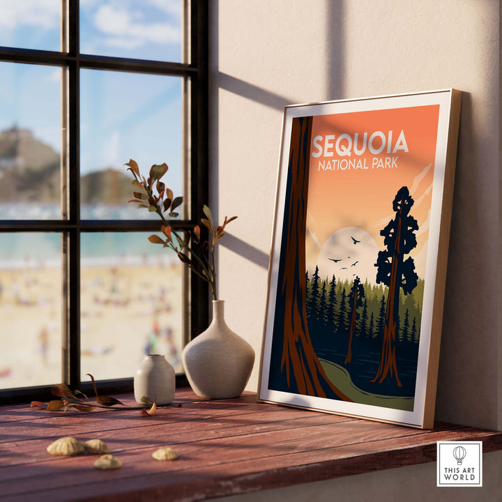 Framed Sequoia National Park poster on a wooden table by a window, showcasing a minimalist nature design.