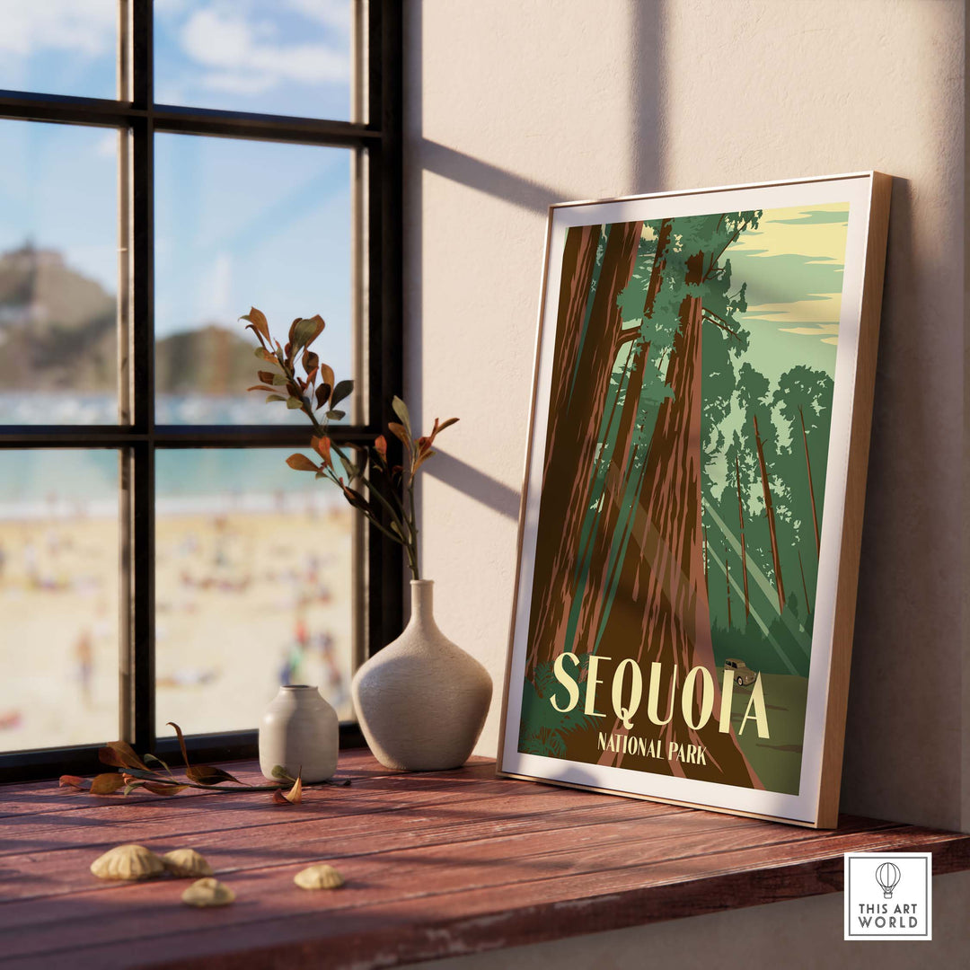 Sequoia National Park Print featuring vintage-style artwork against a sunlit window, perfect for nature lovers.