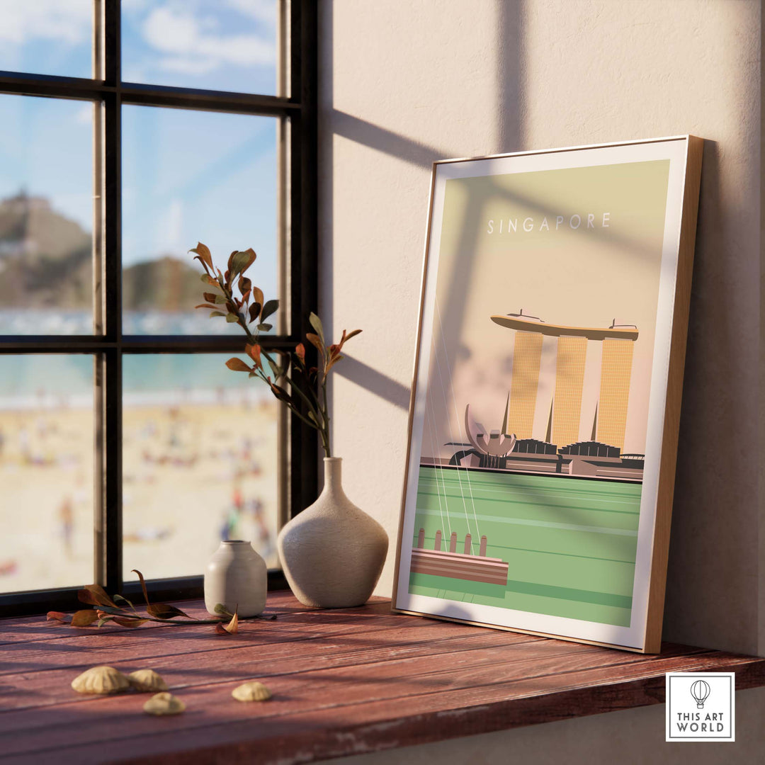 Framed Singapore poster print showcasing iconic landmarks, perfect for stylish home or office decor.
