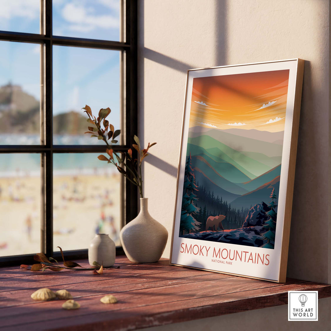 Smoky Mountains wall art poster displayed indoors with a view of nature, perfect for home or office decor.