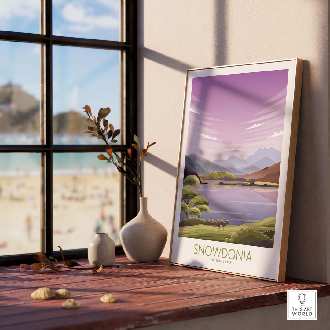 Snowdonia National Park art print displayed indoors, showcasing minimalist design and vibrant nature scenery.
