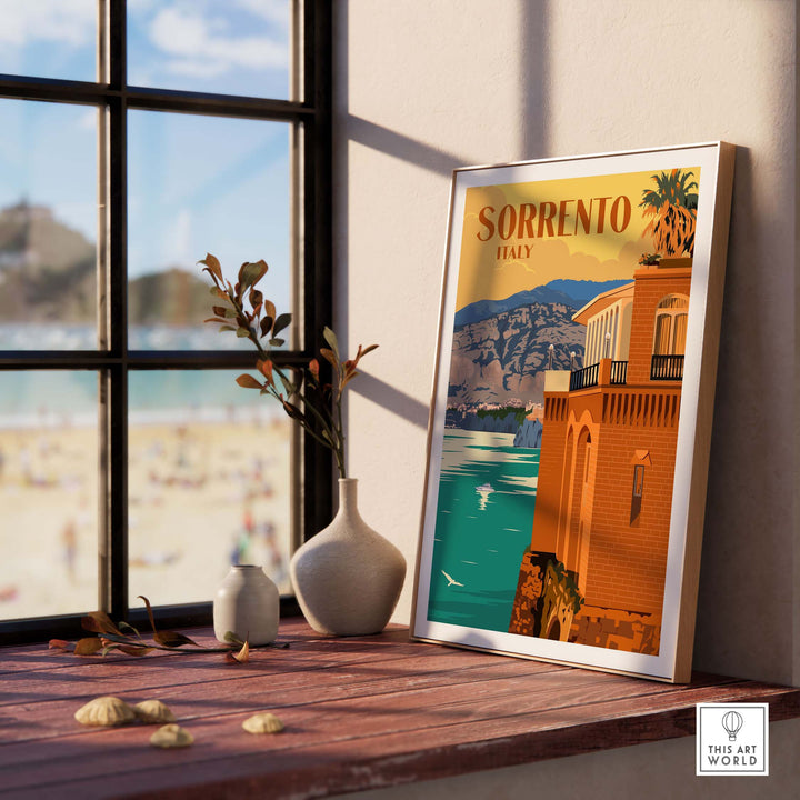 Sorrento Poster Print Wall Art featuring vintage design, displayed in a bright, stylish interior with beach view.